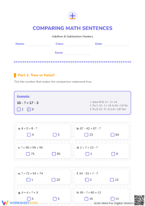 Printable Unknown Numbers Worksheet | Grade 1 Math