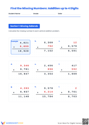 Grade 4 Missing Numbers — Printable No-Prep Worksheet