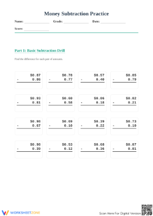 Printable Money Subtraction Worksheet | Grade 5 Math