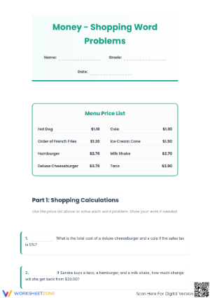 Grade 4 Money Word Problems — Printable No-Prep Worksheet