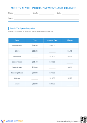 Grade 4 Money Word Problems — Printable No-Prep Worksheet