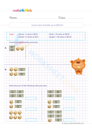 Counting Coins and Bills Worksheet for Financial Skill