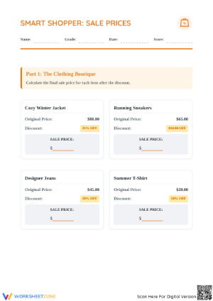 Grade 5 Math — Printable No-Prep Sale Prices Worksheet