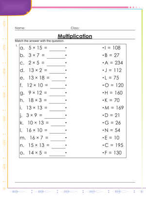 Multiplication Matching Exercise Worksheet for Math