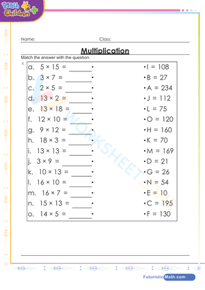 Multiplication Matching Exercise Worksheet for Math