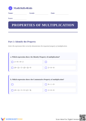 Printable Math Worksheet: Properties of Multiplication Grade 3