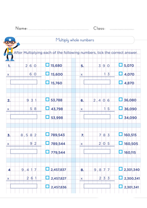 Multiplying Whole Numbers Worksheet