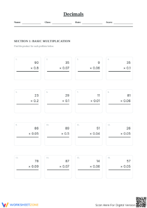 Grade 5 Multiplying Decimals — Printable No-Prep Worksheet