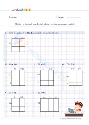 Multiply a decimal by a 2-digit whole number using area models