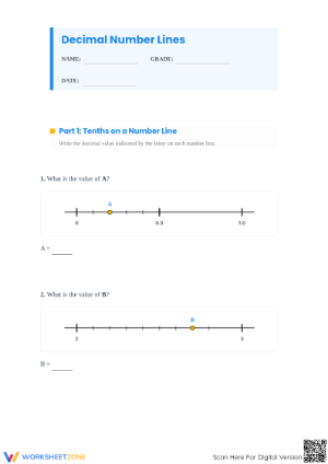 Printable Decimal Number Lines Worksheet | Grade 4 Math