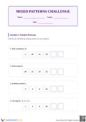 Printable Mixed Number Patterns Worksheet | Grade 4 Math