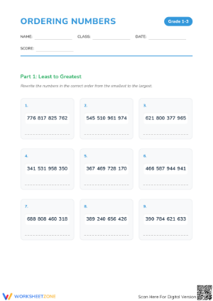 Grade 1 Ordering Numbers — Printable No-Prep Worksheet