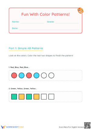 Grade 1 Color Patterns — Printable No-Prep Worksheet