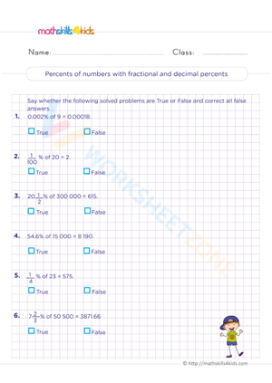 Calculate Percents of Numbers with Fractions Worksheet