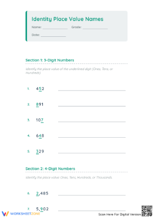 2.NBT.A.1 Worksheet: Place Value Names — Grade 2 Aligned