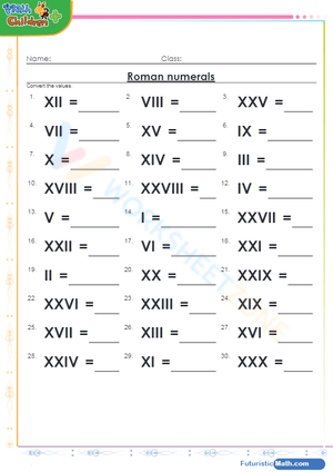 Roman numerals up to 20