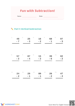 Printable Subtracting 1 from 2 Digits Worksheet | Grade 2