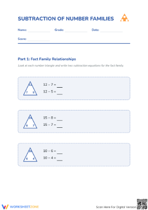 Printable Subtraction Families Worksheet | Grade 1 Math