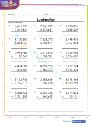 Subtraction of numbers up to millions
