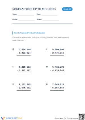 Printable Subtraction Worksheet | Grade 4 Math
