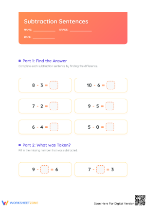 Grade 1 Subtraction — Printable No-Prep Worksheet