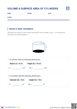 Printable Cylinder Volume Worksheet | Grade 8 Geometry