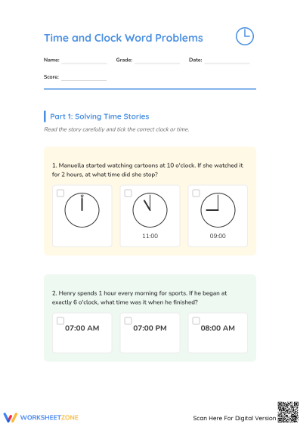 Grade 3 Time Word Problems — Printable No-Prep Worksheet