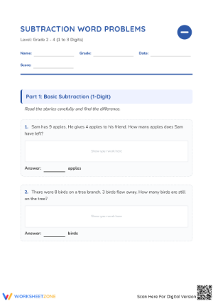 Printable Subtraction Word Problems Worksheet | Grade 3