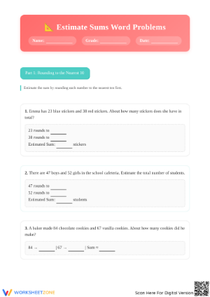 Printable Estimate Sums Worksheet | Grade 3 Math