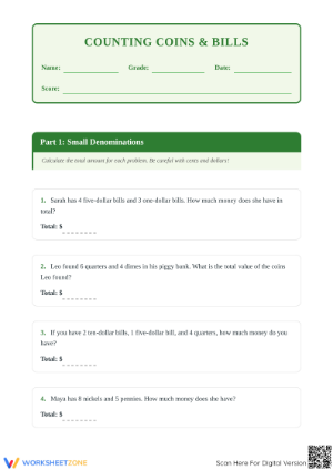 2.MD.C.8 Worksheet: Money Word Problems — Grade 2 Aligned