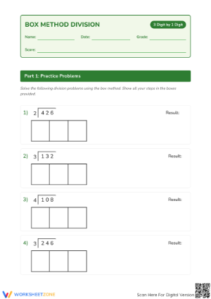 Printable Box Method Division Worksheet | Grade 4 Math