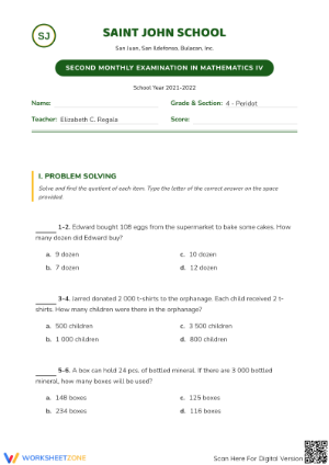 Grade 4 Math Exam Worksheet: CCSS.MATH.CONTENT.4.NBT.B.6 Aligned