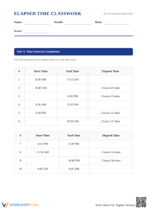 Printable Elapsed Time Worksheet | Grade 4 Math