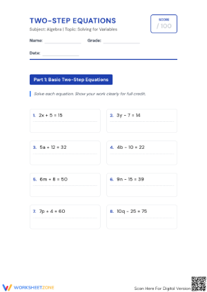 Grade 7 Two-Step Equations — Printable No-Prep Worksheet