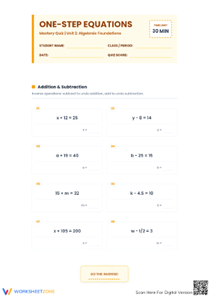 One-Step Equations Worksheet | Grade 8 Essential Math