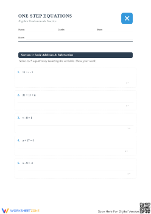 Printable One-Step Equations Worksheet | Grade 7 Math