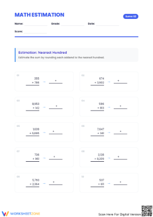 Printable Estimating Sums to Nearest Hundred | Grade 3-4