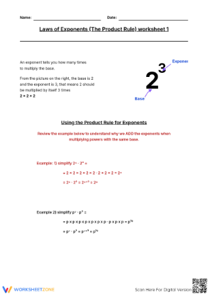 Printable Laws of Exponents Worksheet | Grade 8 Math
