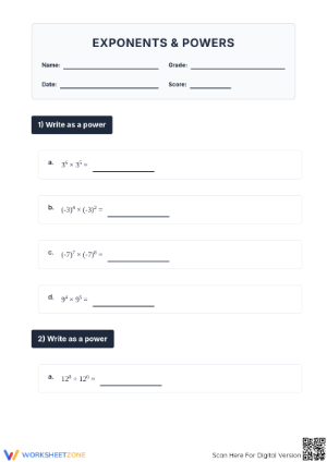 Printable Properties of Exponents Worksheet | Grade 8 Math