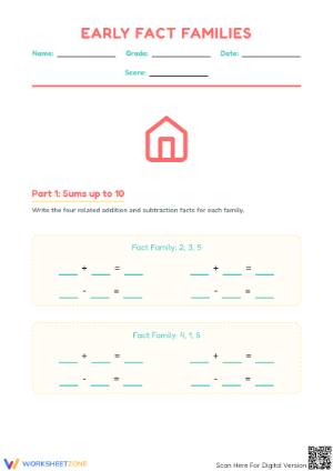 Printable Fact Families Worksheet | Grade 1 Math