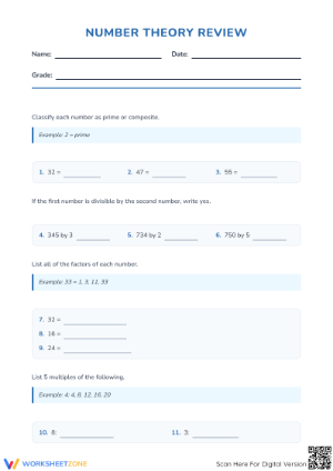 Printable Number Theory Worksheet | Grade 4 Math