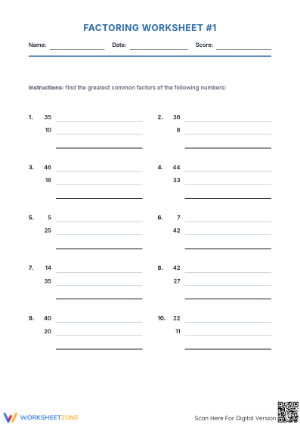 Printable Factoring Worksheet | Grade 6 Math