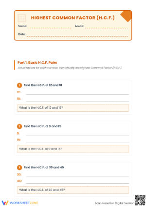 Printable Highest Common Factor Worksheet | Grade 6 Math