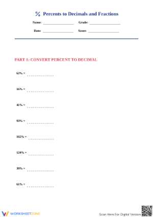 Printable Percent Conversion Worksheet | Grade 6 Math
