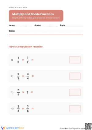 Grade 5 Fraction Operations — Printable No-Prep Worksheet