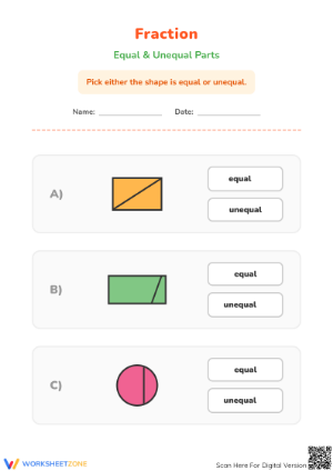 Grade 1 Fractions: Equal Parts — Printable No-Prep Worksheet