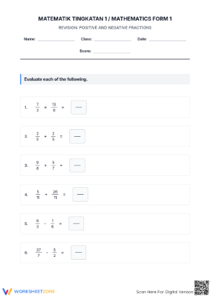 Printable Fraction Operations Worksheet | Grade 8 Math
