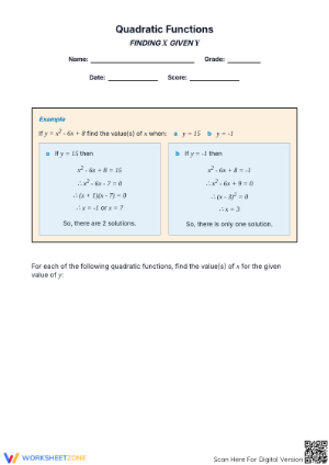 Solving Quadratic Equations Worksheet | Grade 8-9 Printable