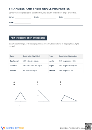 Essential Triangle Properties & Angles Worksheet (Grade 7-8)