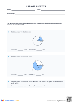Printable Area of a Sector Worksheet | Grades 9-12 Geometry